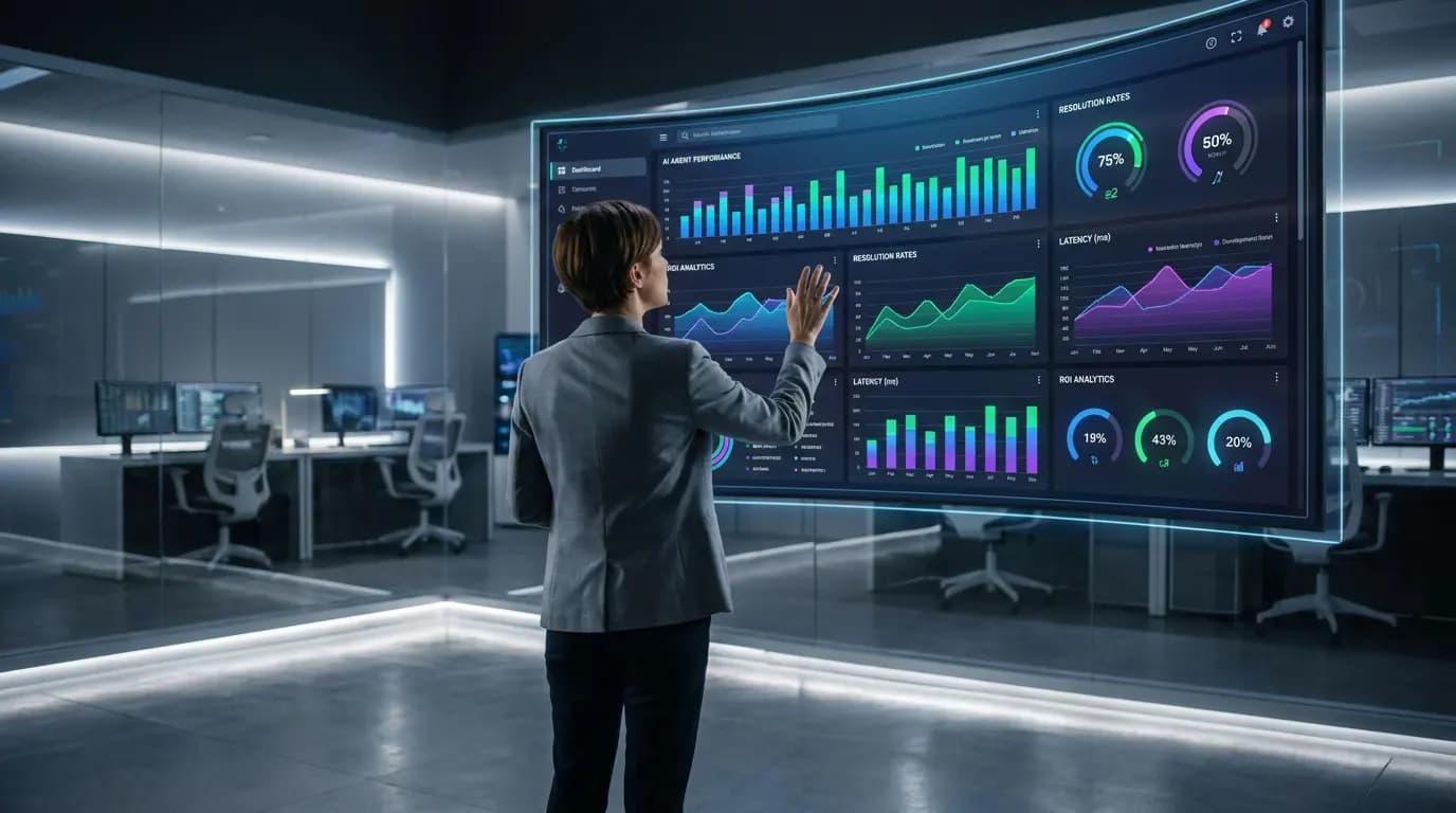 A businesswoman interacting with a large holographic screen displaying data and AI KPIs.