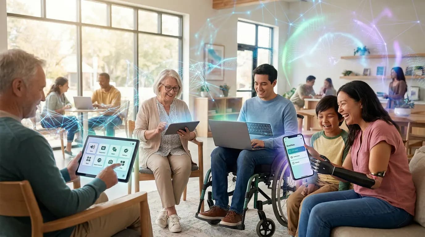 People of different ages and abilities using digital technology with holographic graphics.