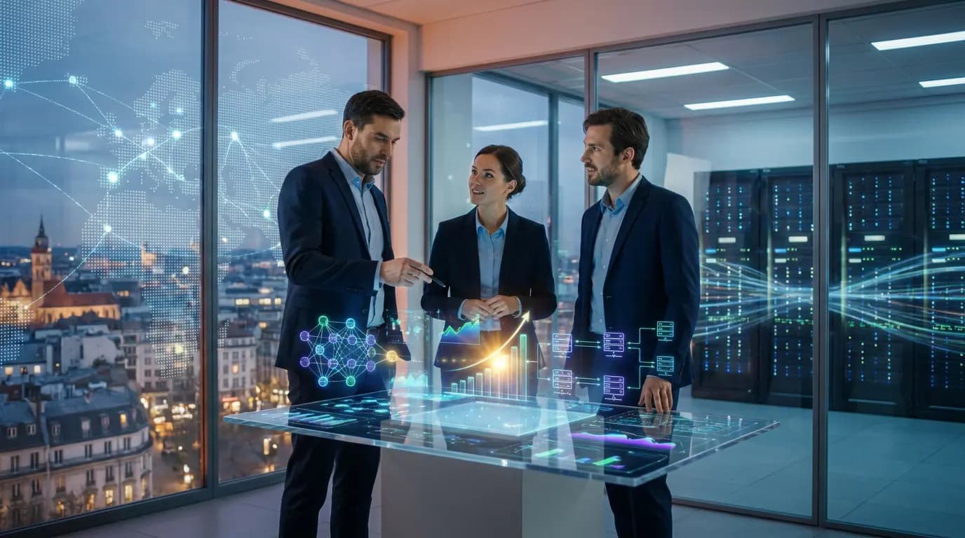 Three professionals in suits analyzing 3D data and charts on an interactive touch table.