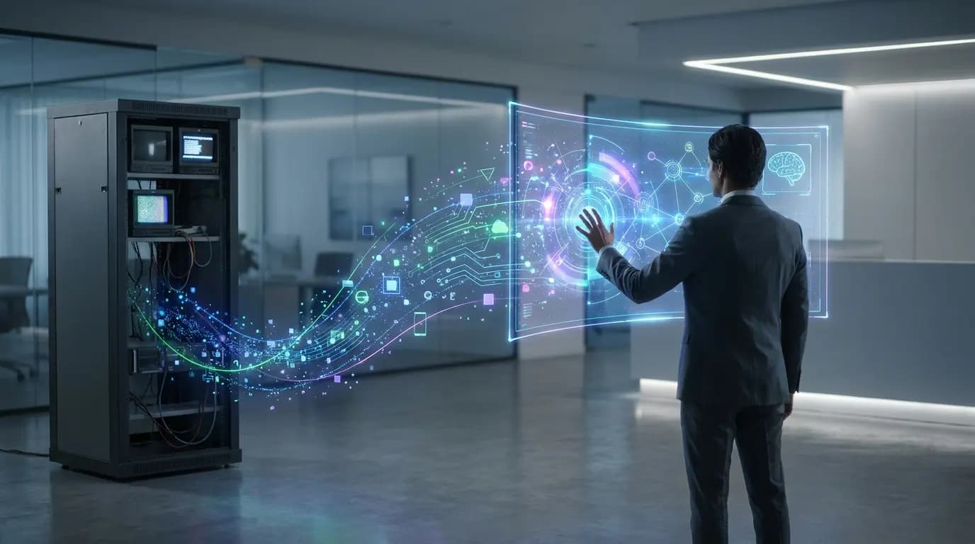 A man in a suit interacting with a holographic interface connected to a server rack.