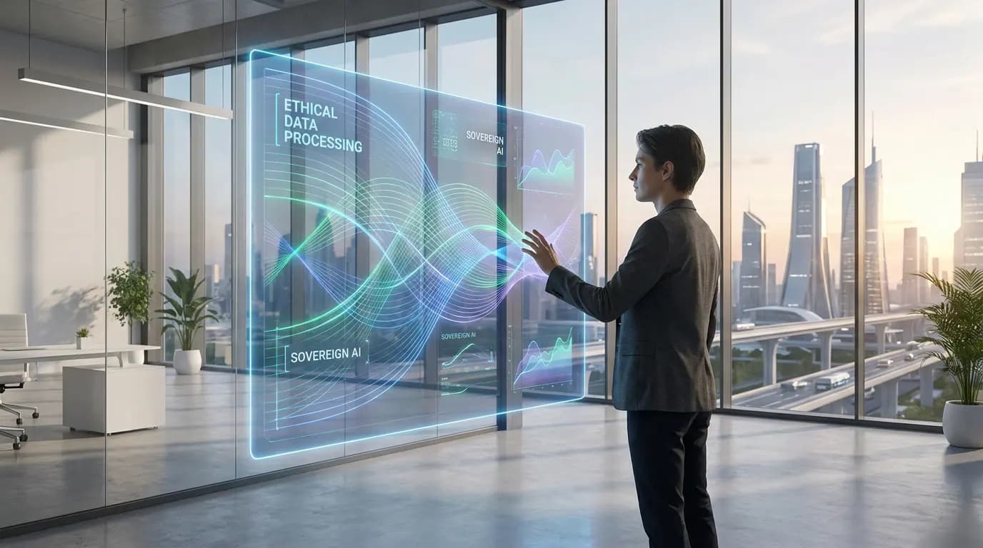 A professional interacting with a holographic interface displaying data and charts on ethical AI.