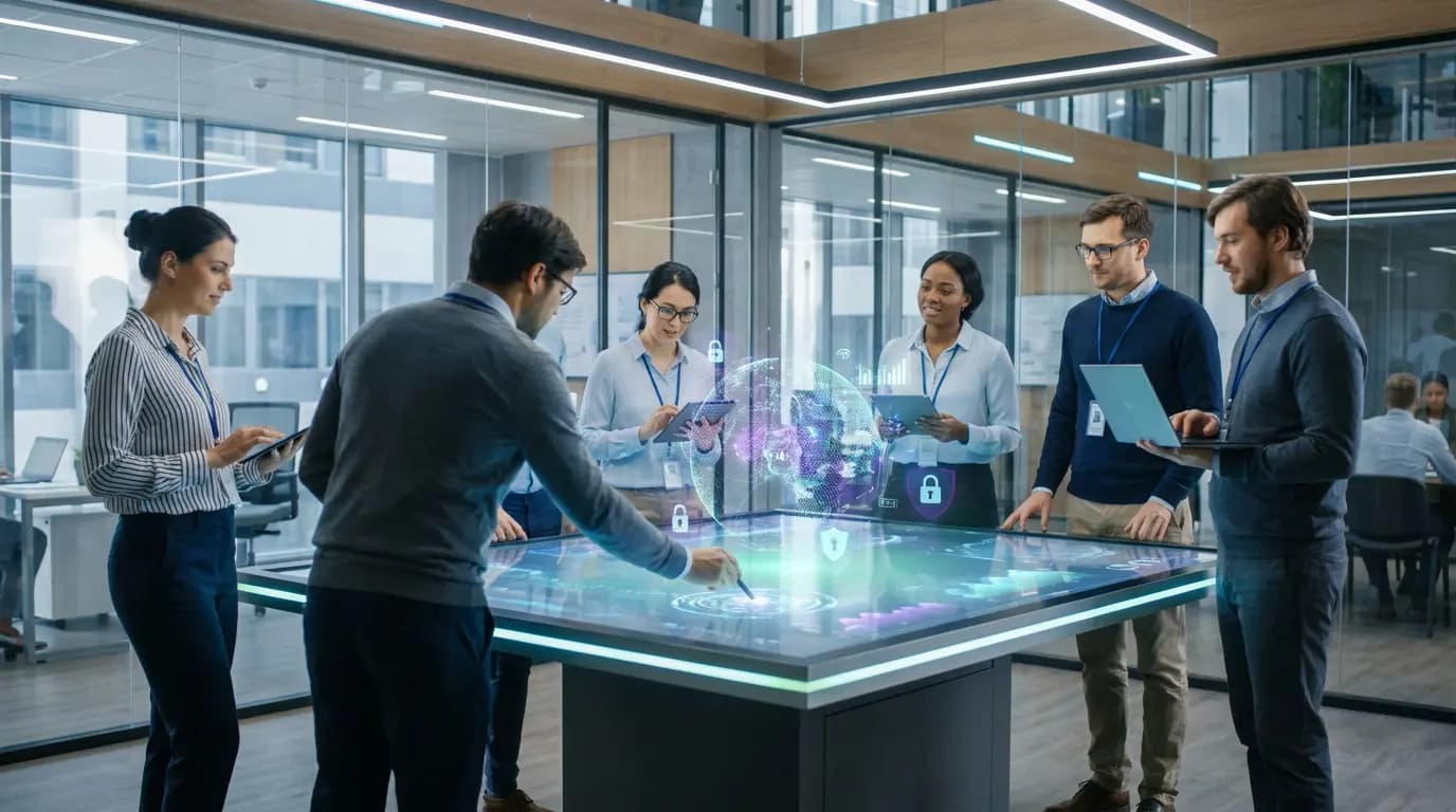 A team working around an interactive table displaying a 3D holographic interface of AI data and security.