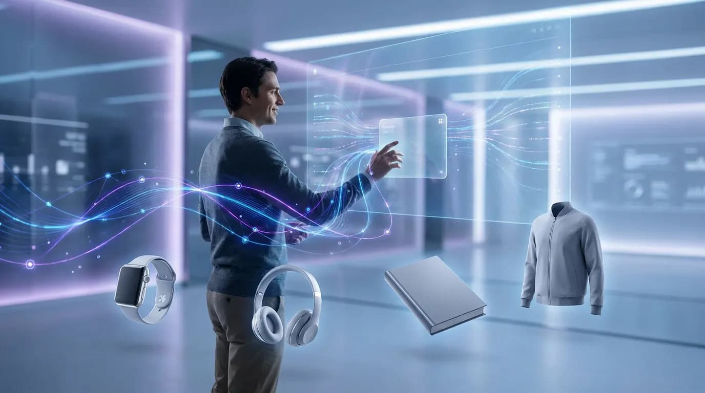 A man interacts with a futuristic digital interface surrounded by floating product icons in a modern office.