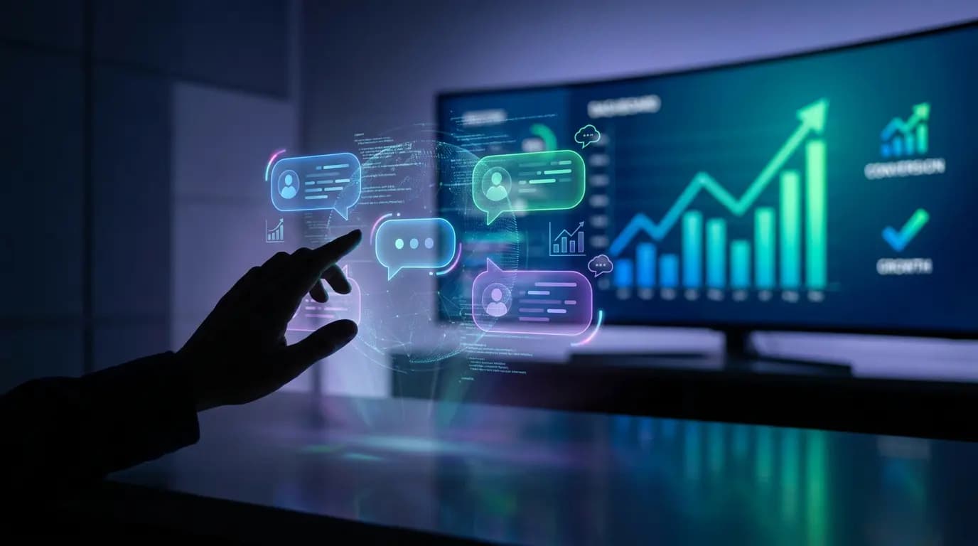 A hand interacts with a holographic AI messaging interface in front of a screen displaying growth statistics.
