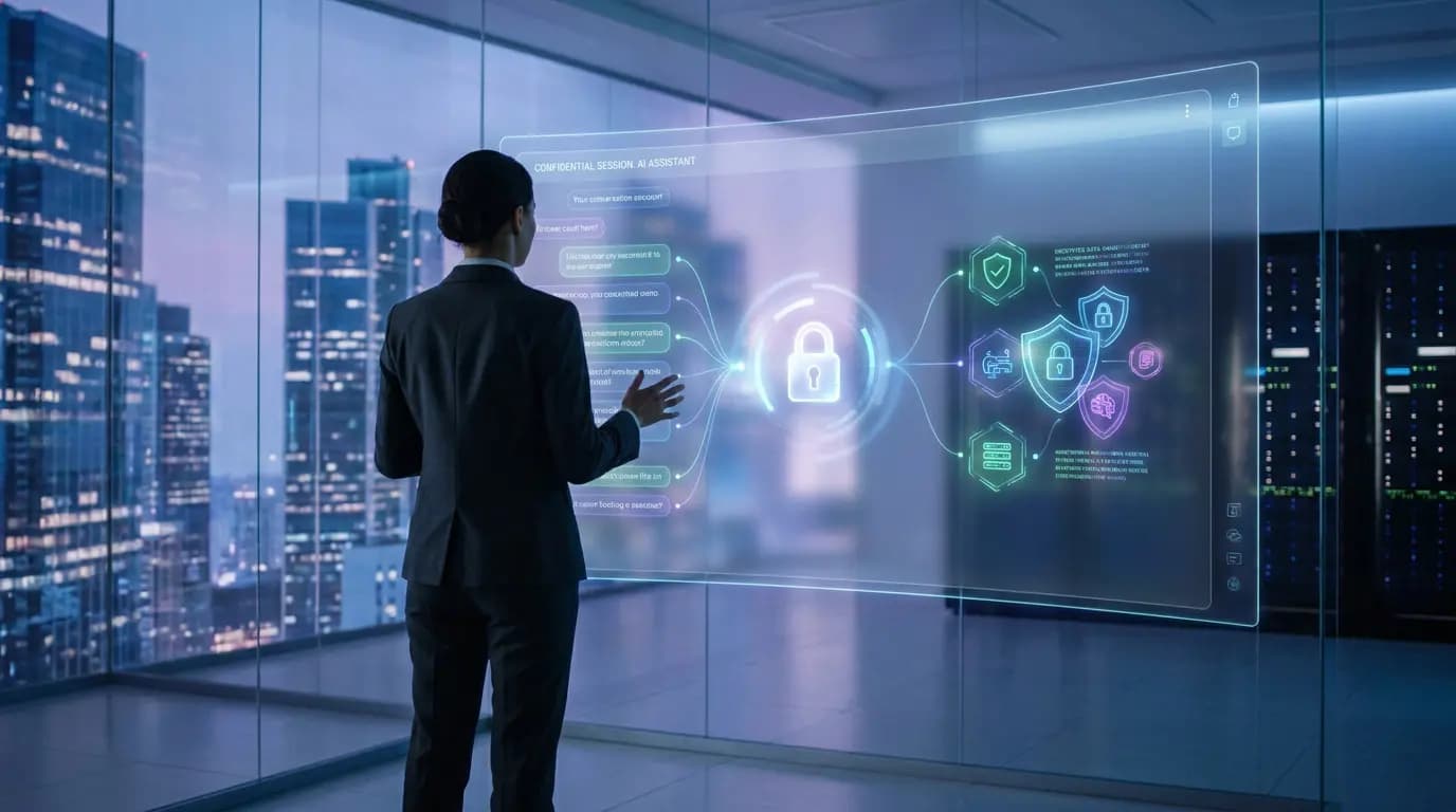 A businesswoman interacting with a holographic interface displaying security protocols and locks.