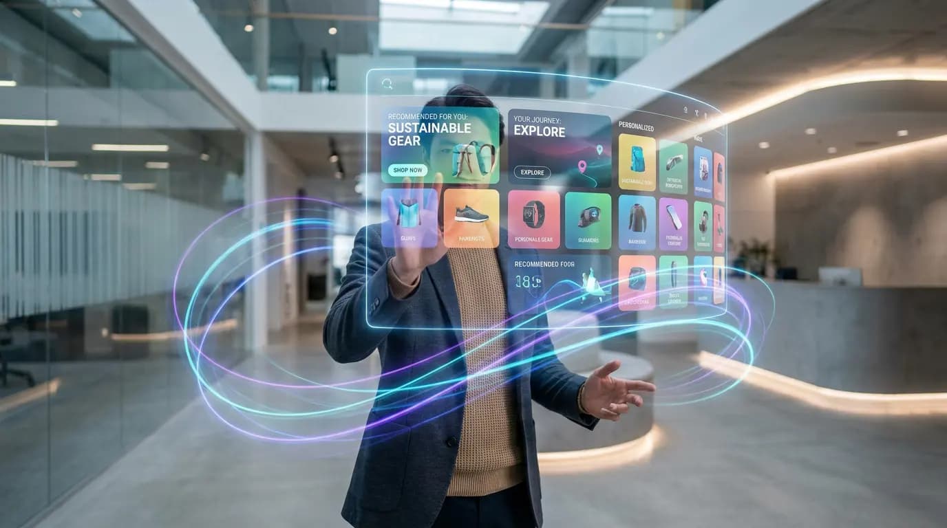 A man interacts with a futuristic holographic interface displaying personalized product recommendations.