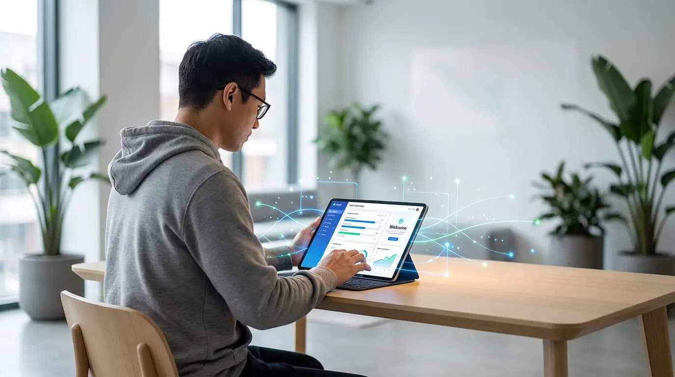 A man uses a tablet to configure an AI-assisted SaaS onboarding process.