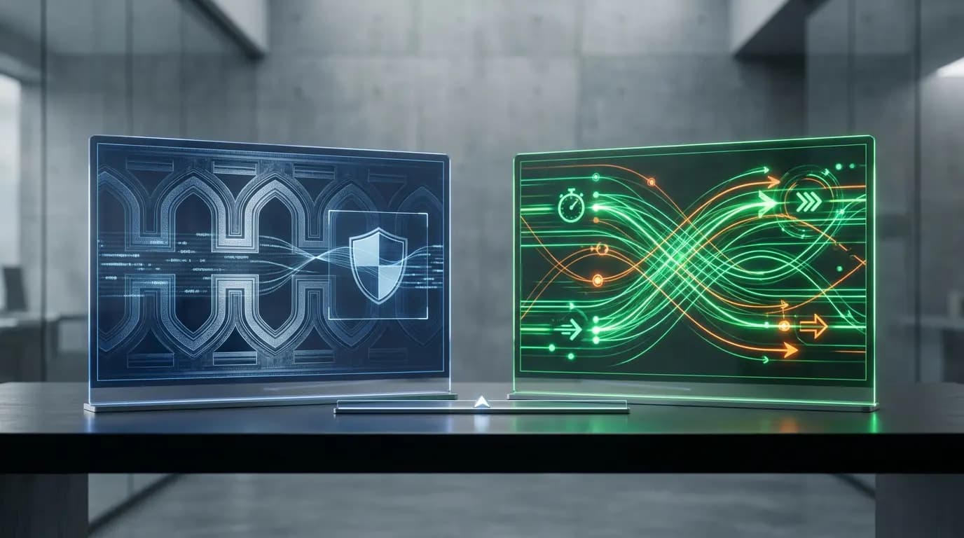 Two transparent screens displaying digital data, one blue with a shield icon and the other green with flowing energy streams.