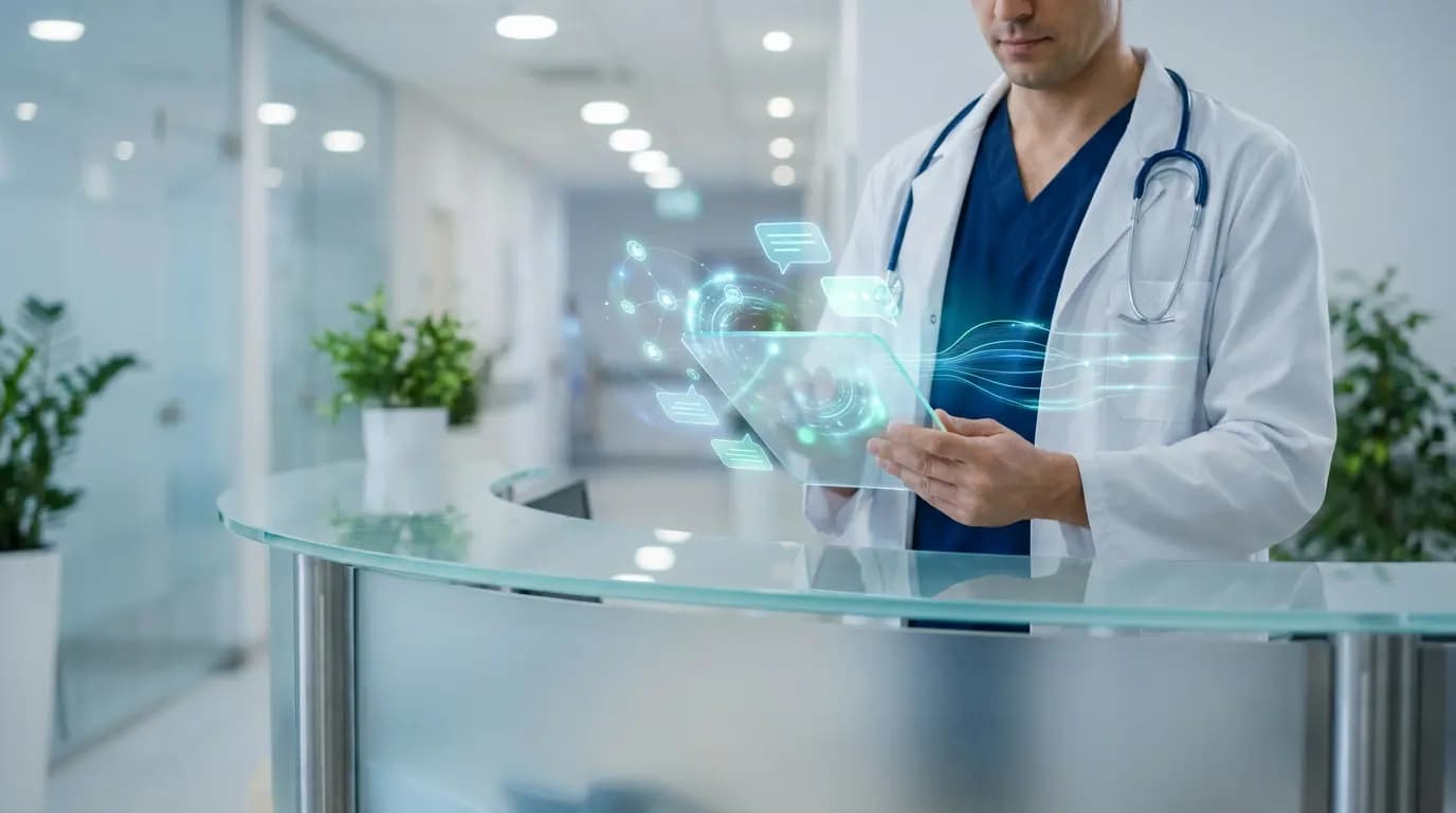 A doctor uses a holographic tablet displaying chat icons in a modern hospital.