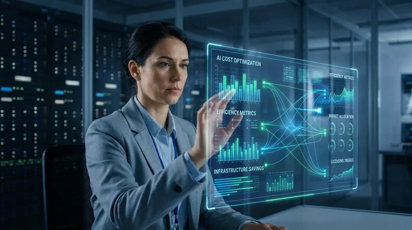 A systems engineer interacting with a holographic interface displaying AI cost optimization data.