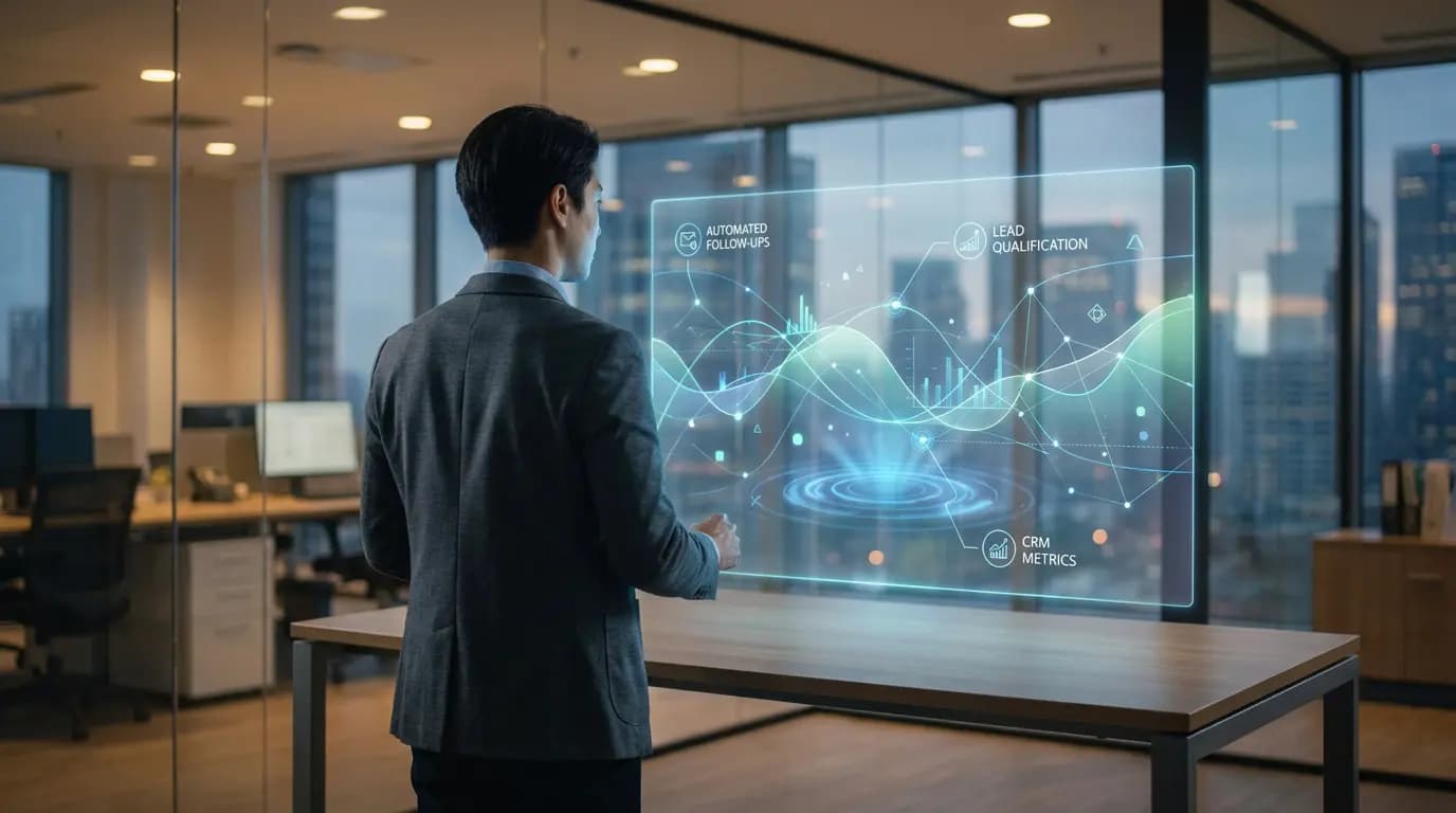 A businessman using a futuristic holographic interface displaying sales data at a company.