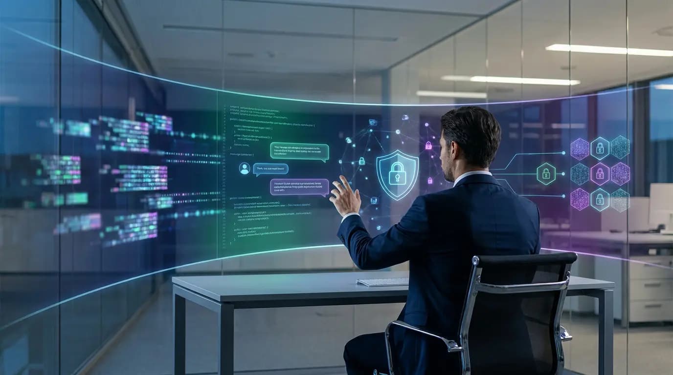 A professional in a suit interacts with a holographic interface displaying code, chat bubbles, and padlocks.