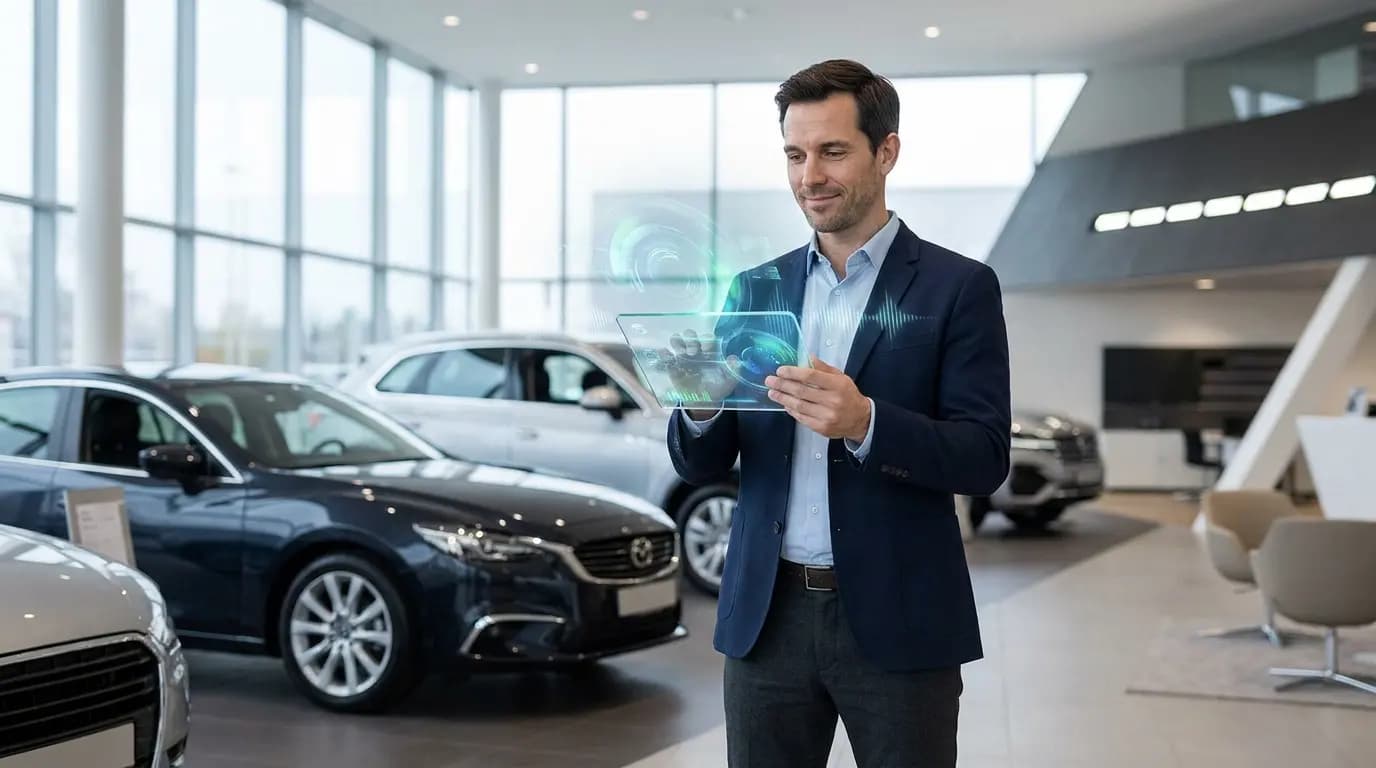 A car sales advisor uses a futuristic holographic tablet to qualify leads at a dealership.