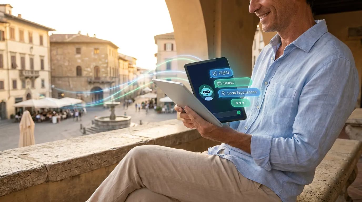 A smiling man uses a tablet showing AI chat bubbles, with a historic European square in the background.